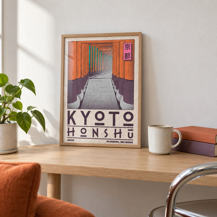 Kyoto Honshu Wall Art shown in the small A4 size on a side table (frame not included)