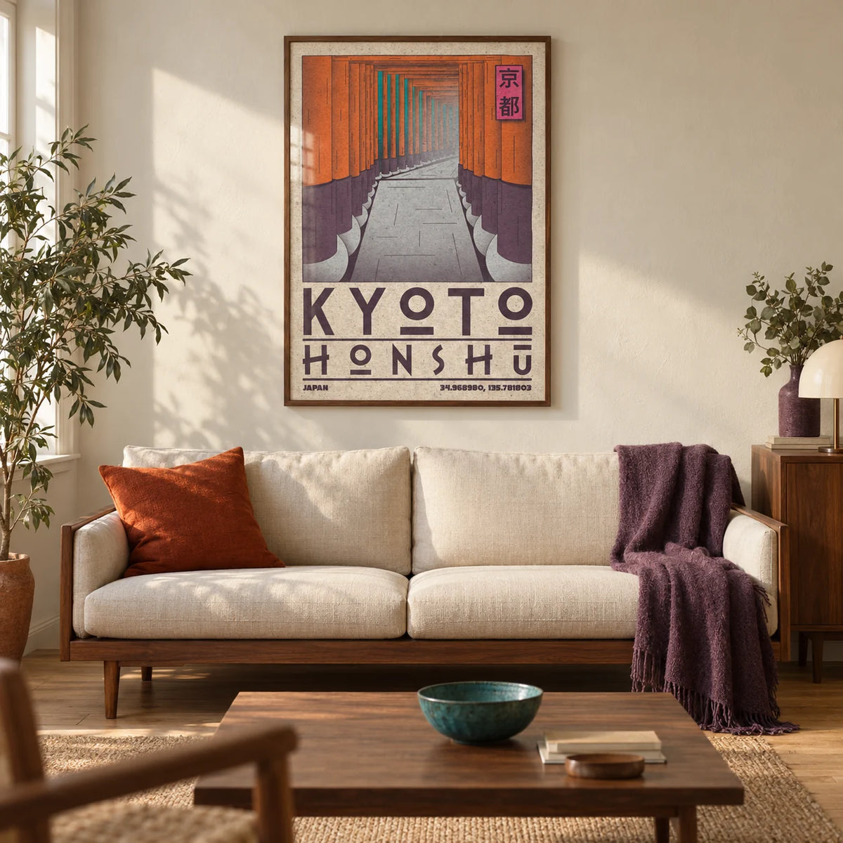 Kyoto Honshu Wall Art, framed on the wall of a warm modern living room in a UK terraced home with cream plaster walls and oak floorboards
