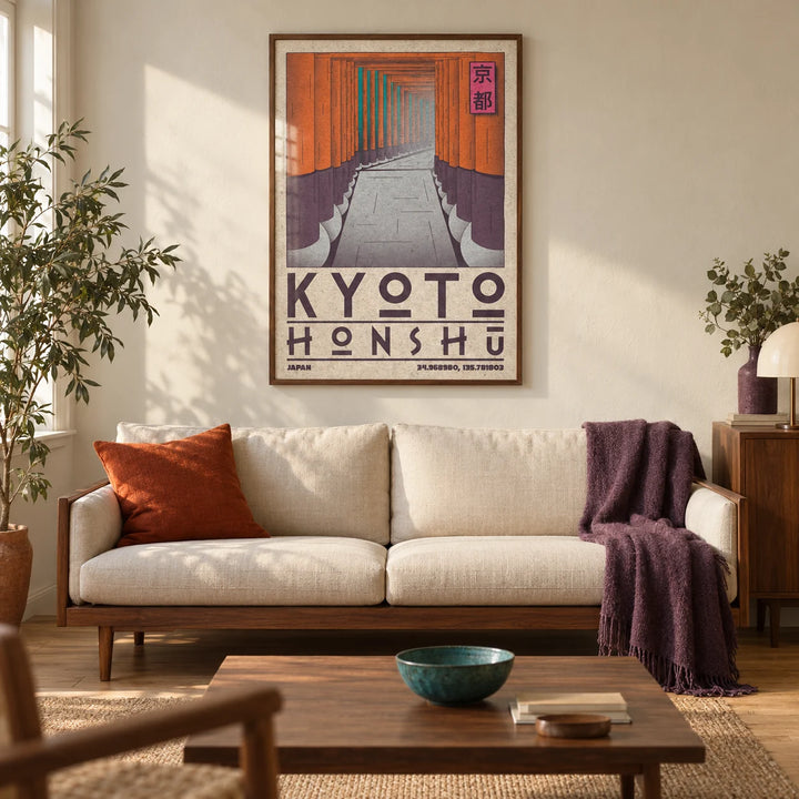 Kyoto Honshu Wall Art, framed on the wall of a warm modern living room in a UK terraced home with cream plaster walls and oak floorboards