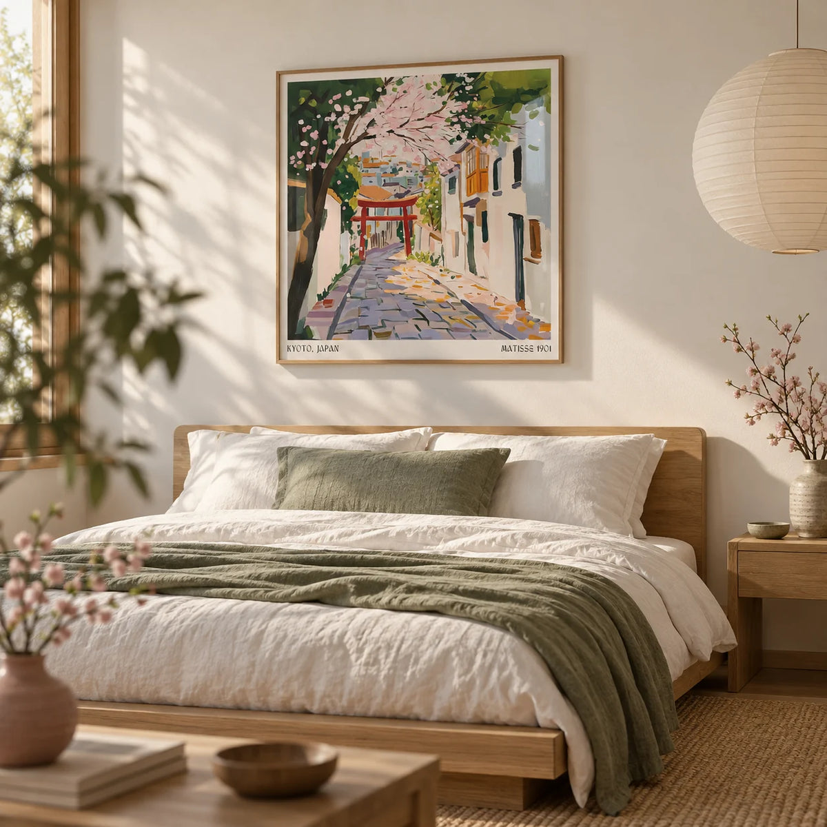 Kyoto Japan Art, framed on the wall of a calm Japandi bedroom with a soft white wall