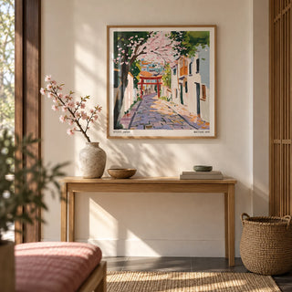 Kyoto Japan Art, framed on the wall of a calm Japandi entrance hall with a warm white wall