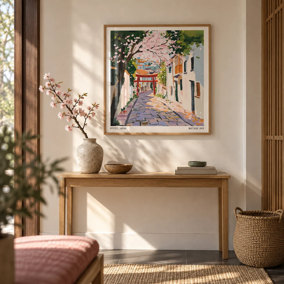Kyoto Japan Art, framed on the wall of a calm Japandi entrance hall with a warm white wall