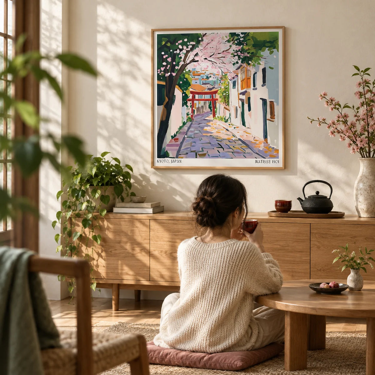 Kyoto Japan Art, framed on the wall of a quiet tea corner with a cream wall in a living room