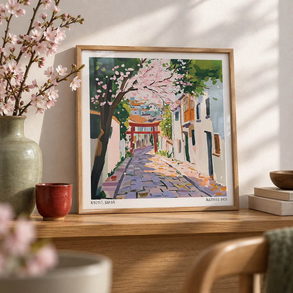Kyoto Japan Art, a small A4 framed print leaning on an oak shelf in a living room