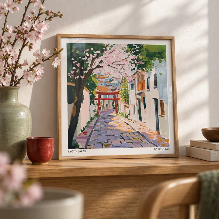 Kyoto Japan Art, a small A4 framed print leaning on an oak shelf in a living room