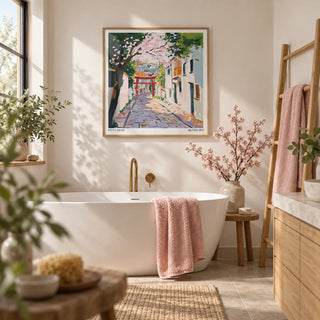 Kyoto Japan Art, framed on the wall of a spa-like bathroom with a soft white wall and an oak vanity