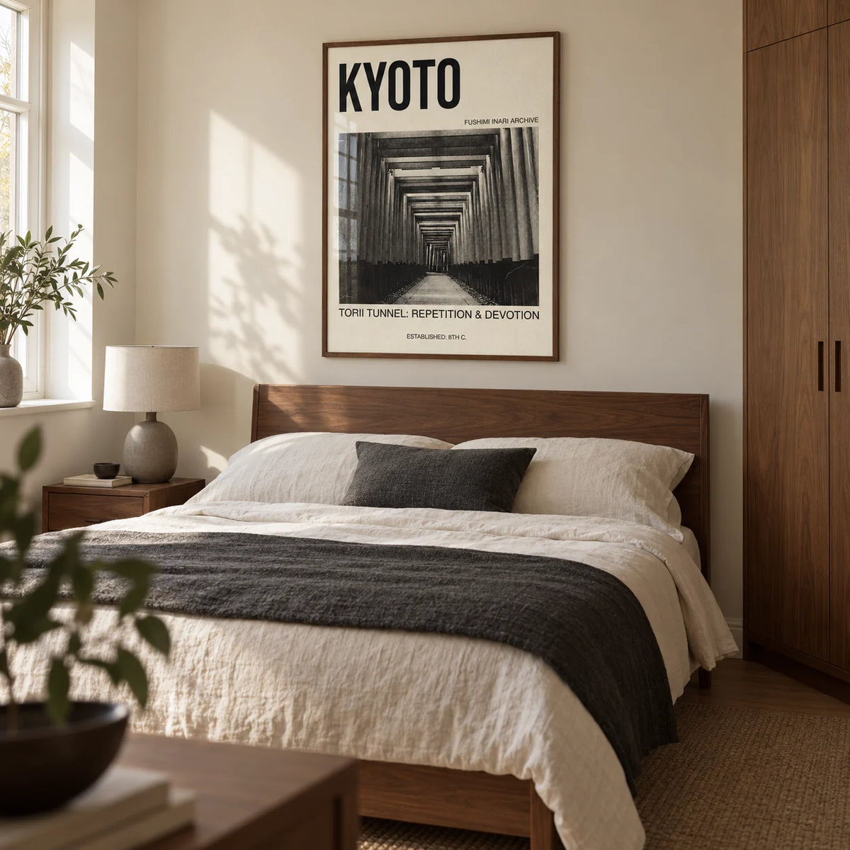 Kyoto Torii Tunnel Art Print, framed on the wall of a calm contemporary bedroom in a UK flat with a warm ivory wall and built-in walnut cupboards