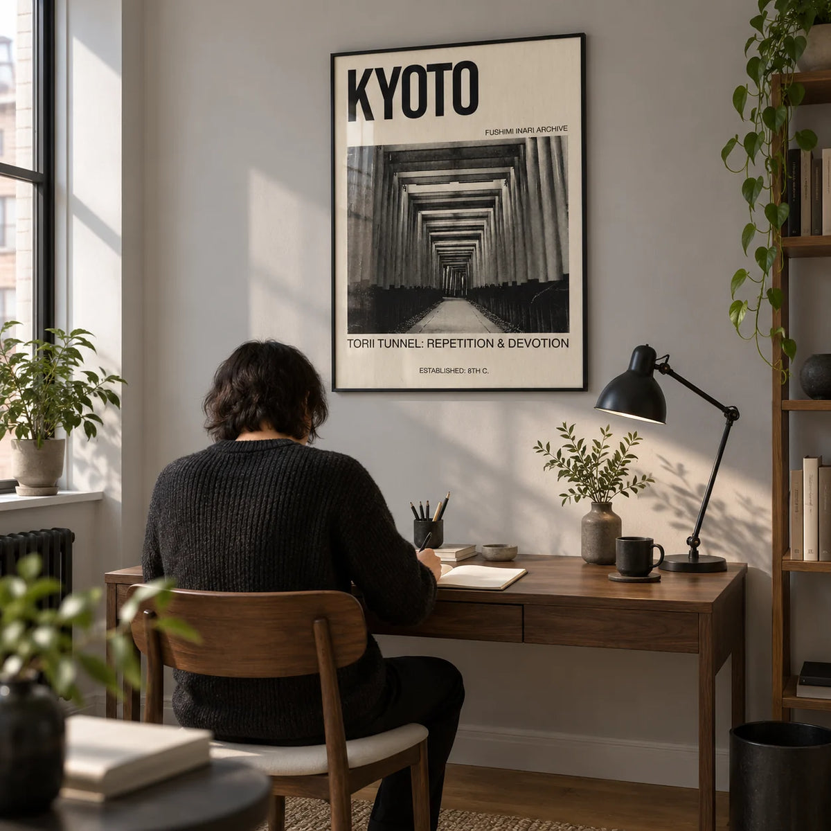 Kyoto Torii Tunnel Art Print, framed on the wall of a compact design-led home study in a UK flat with a pale grey wall and oak floor