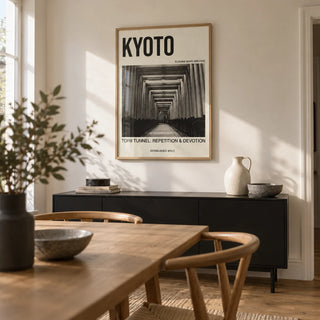 Kyoto Torii Tunnel Art Print, framed on the wall of a modern dining room in a modest UK townhouse with an off-white wall and plain oak floor