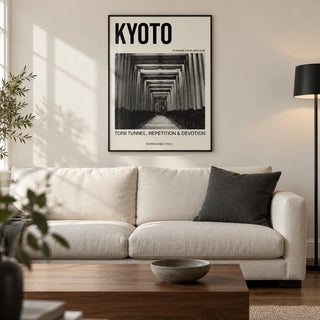 Kyoto Torii Tunnel Art Print, framed on the wall of a modern living room in a UK city flat with warm white walls