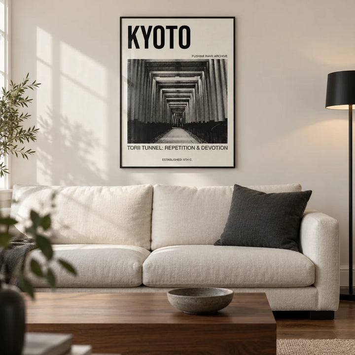 Kyoto Torii Tunnel Art Print, framed on the wall of a modern living room in a UK city flat with warm white walls