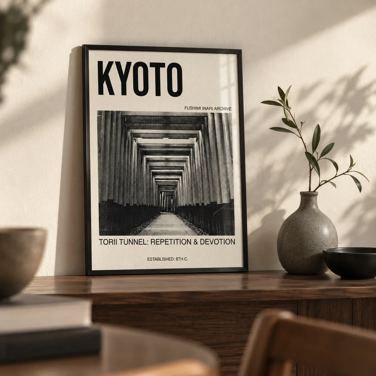 Kyoto Torii Tunnel Art Print, a small A4 framed print leaning on a walnut shelf in a living room