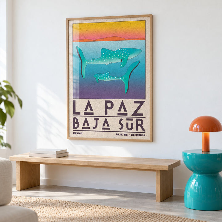 La Paz Mexico Poster shown in a colourful minimalist room (frame not included)