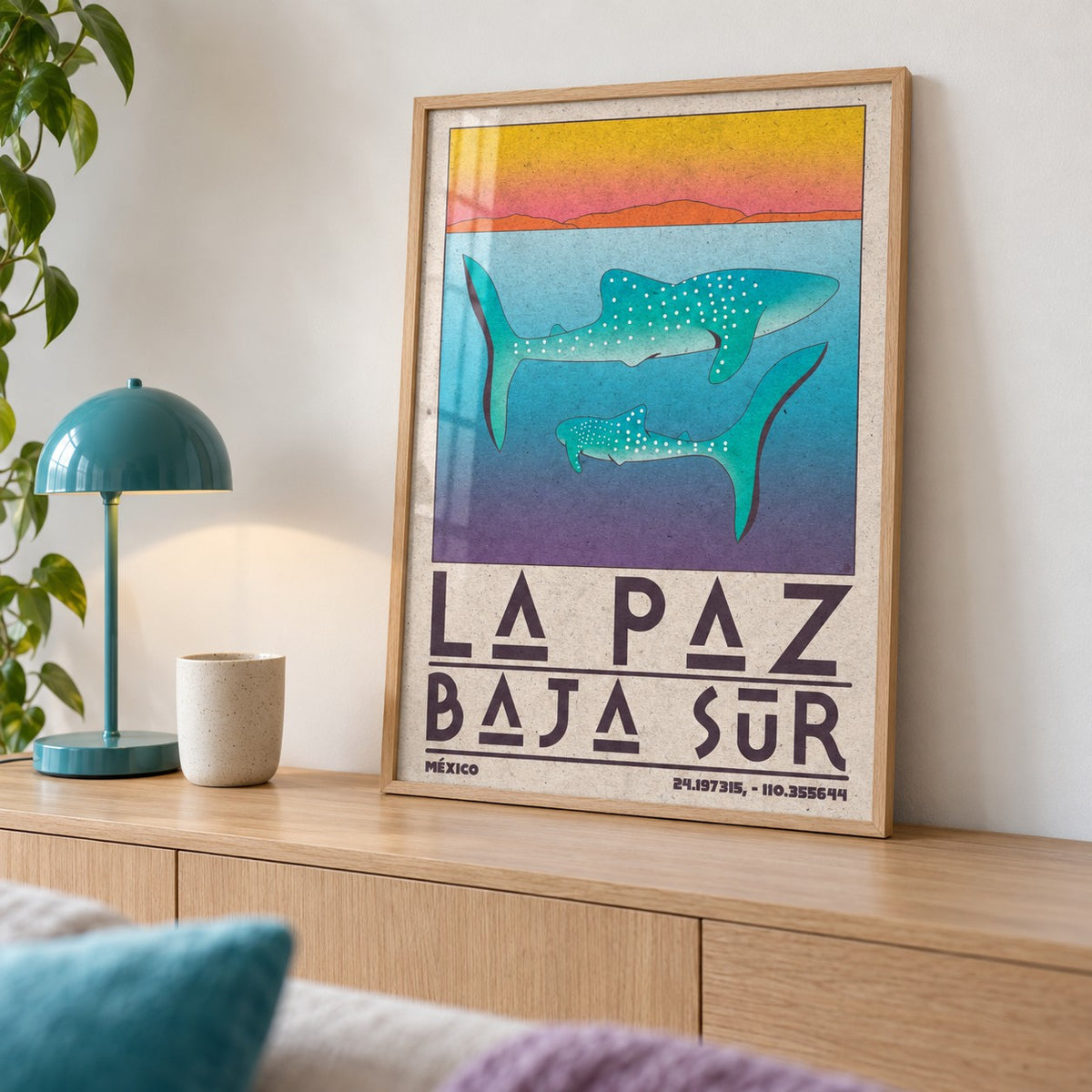 La Paz Mexico Poster shown in a living room, leaning on an oak console (frame not included)