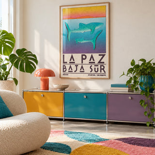 La Paz Mexico Poster shown in a playful retro modern room (frame not included)