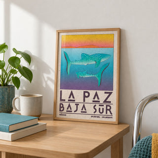 La Paz Mexico Poster shown in the small A4 size on a side table (frame not included)