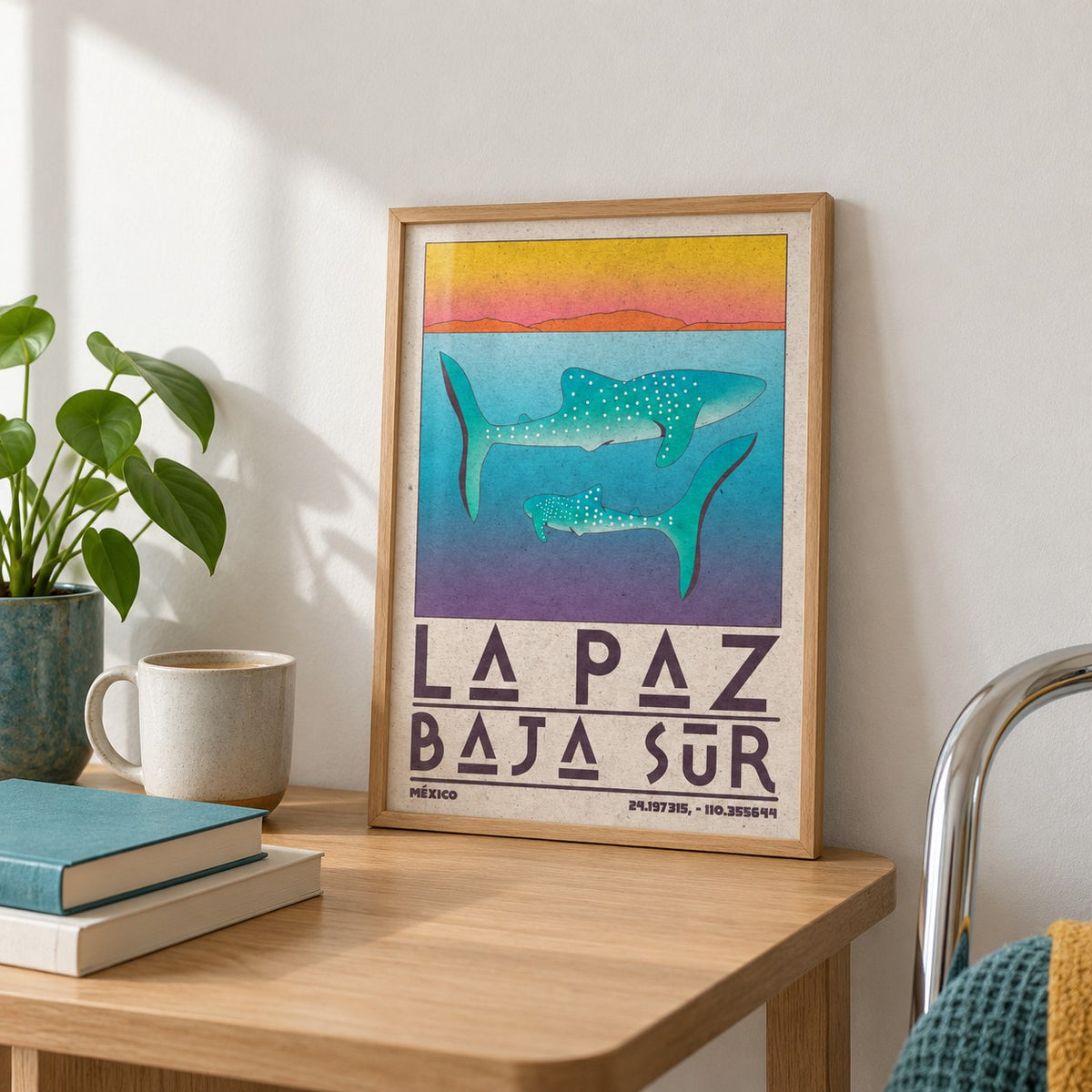 La Paz Mexico Poster shown in the small A4 size on a side table (frame not included)