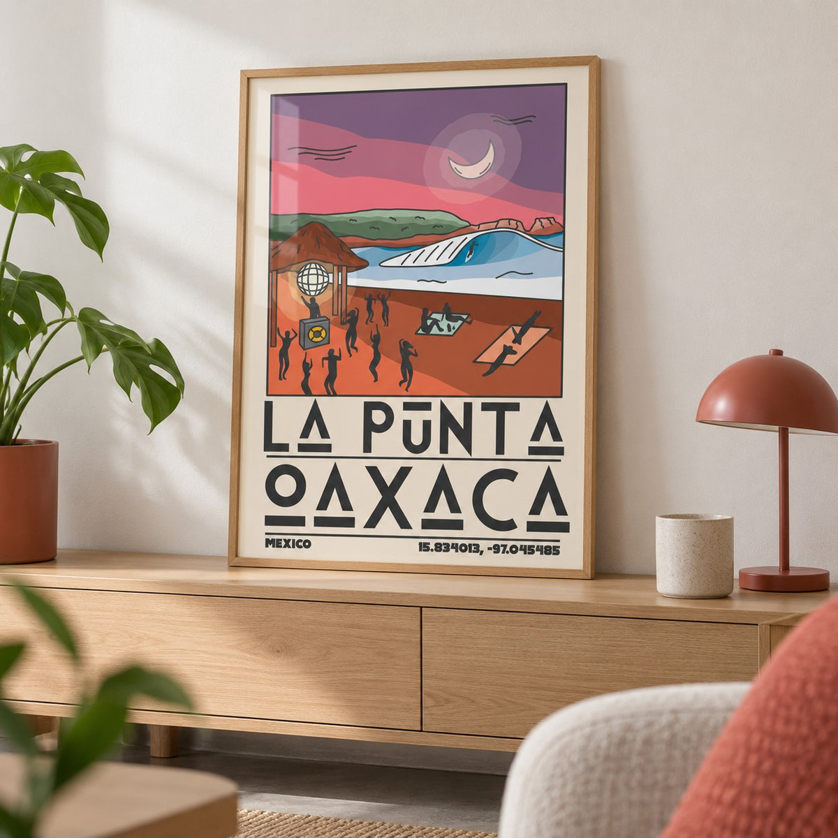 La Punta Oaxaca Wall Art shown in a living room, leaning on an oak console (frame not included)