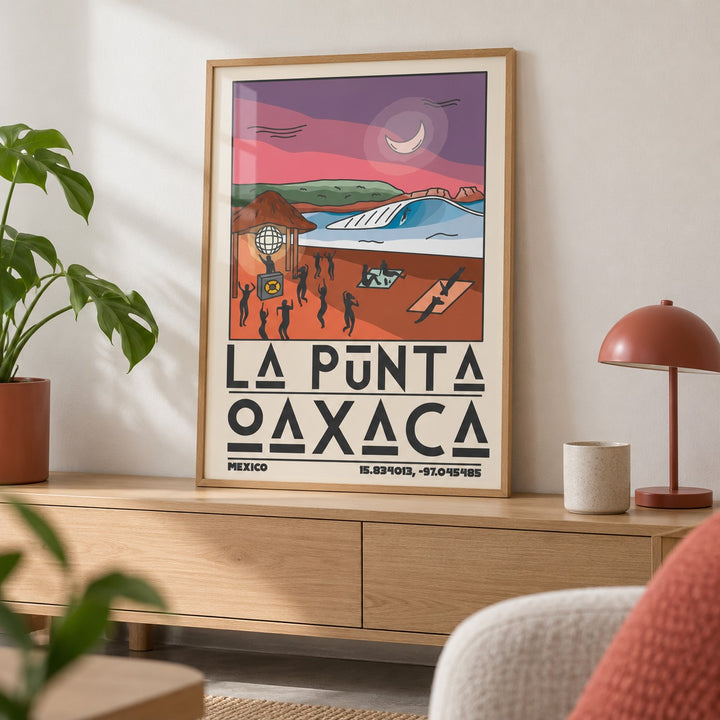 La Punta Oaxaca Wall Art shown in a living room, leaning on an oak console (frame not included)