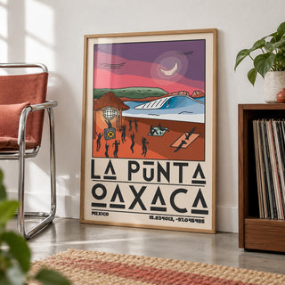 La Punta Oaxaca Wall Art shown in a living room, leaning on the floor by a chrome chair (frame not included)