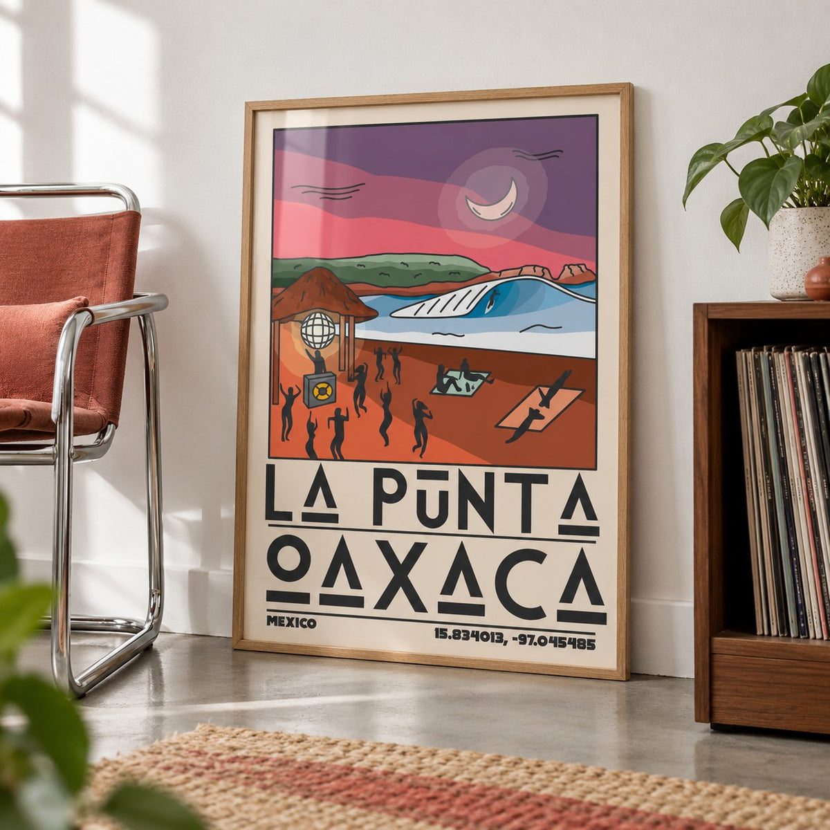 La Punta Oaxaca Wall Art shown in a living room, leaning on the floor by a chrome chair (frame not included)
