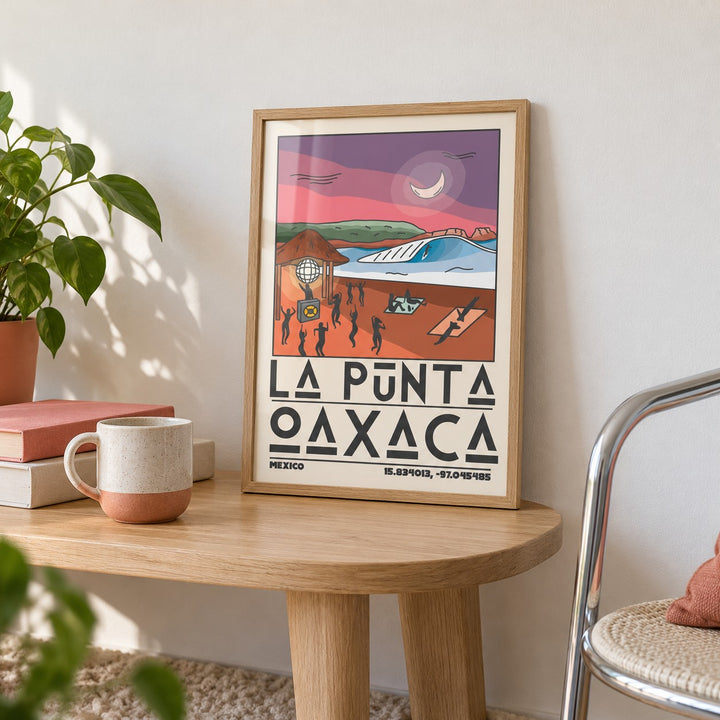 La Punta Oaxaca Wall Art shown in the small A4 size on a side table (frame not included)