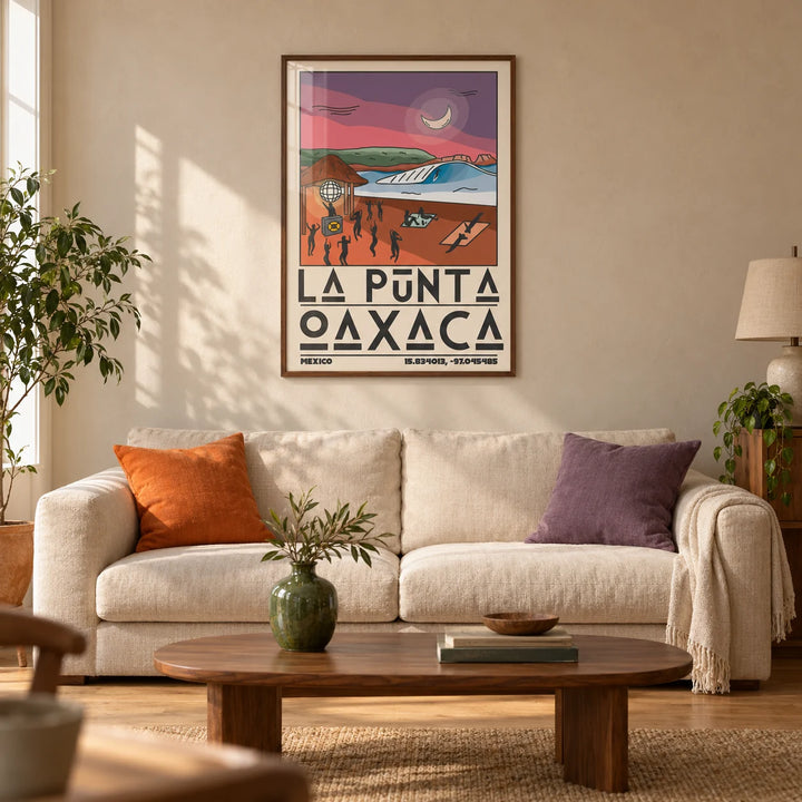 La Punta Oaxaca Wall Art, framed on the wall of a warm modern living room in a UK first flat with pale clay plaster walls and oak floorboards