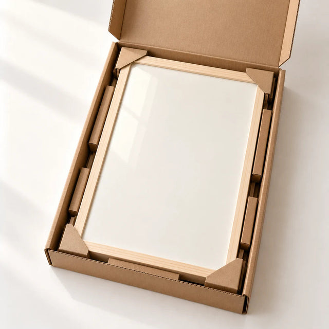 Framed print packed in a protective cardboard box, ready to hang