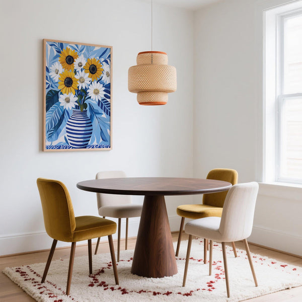 Sunflower art print above a round dining table