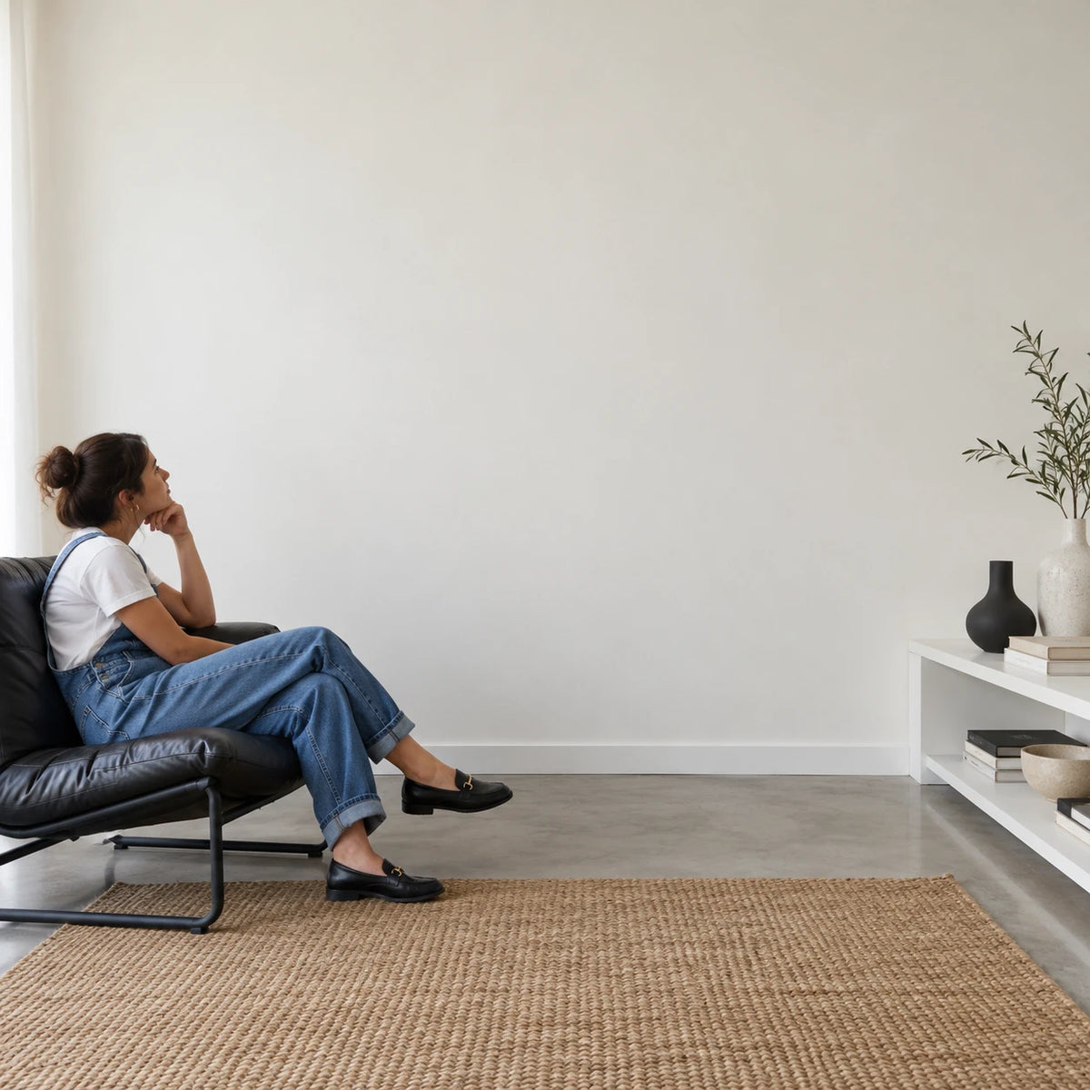 A woman in a lounge chair looking up at a large empty wall in a minimal living room