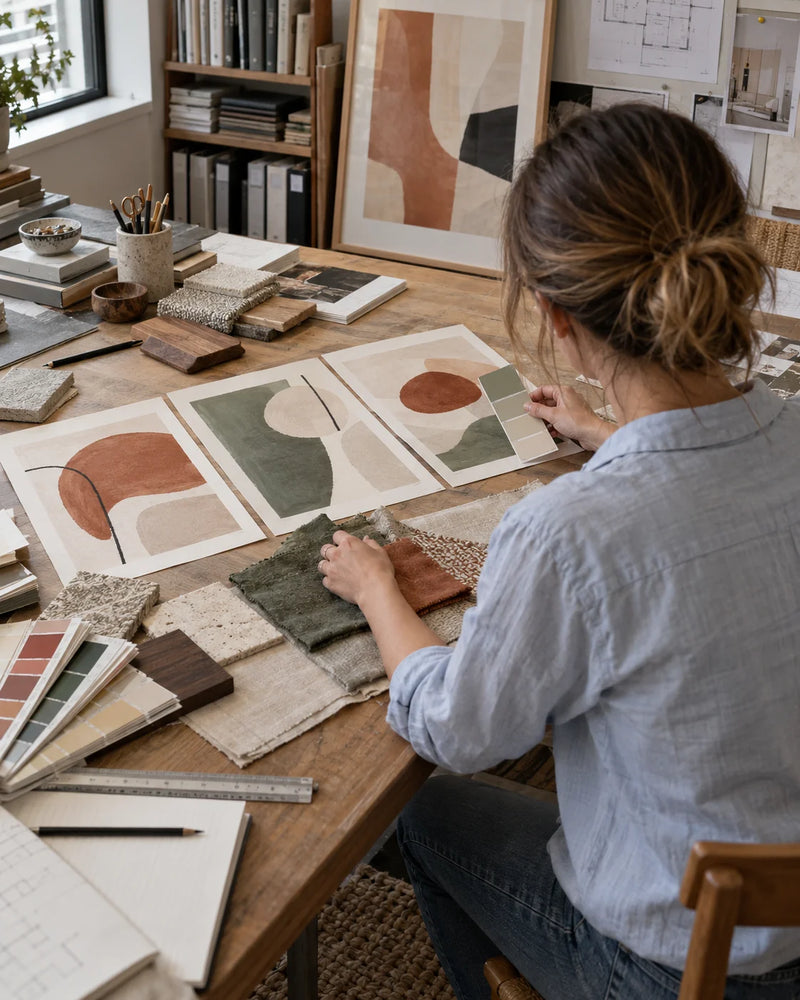 Interior designer comparing art prints with fabric and paint swatches
