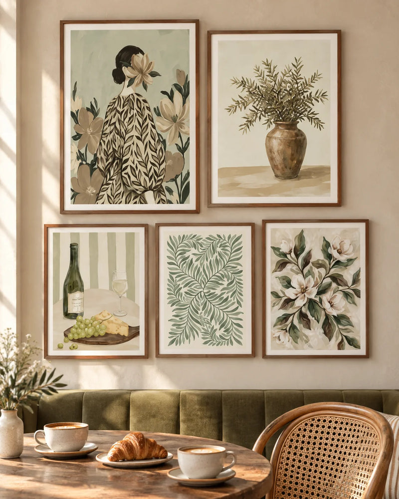 Gallery wall of botanical prints above a cafe banquette