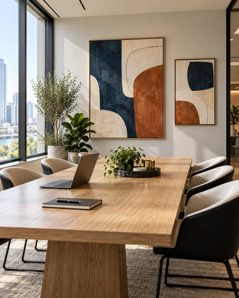Meeting room with large abstract art prints