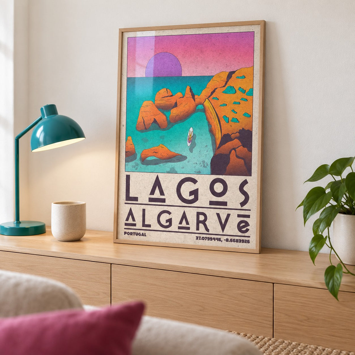 Lagos Algarve Wall Art shown in a living room, leaning on an oak console (frame not included)