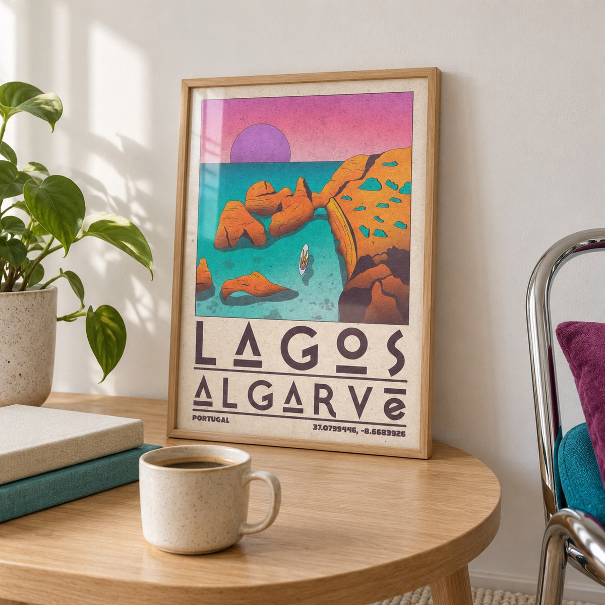Lagos Algarve Wall Art shown in the small A4 size on a side table (frame not included)