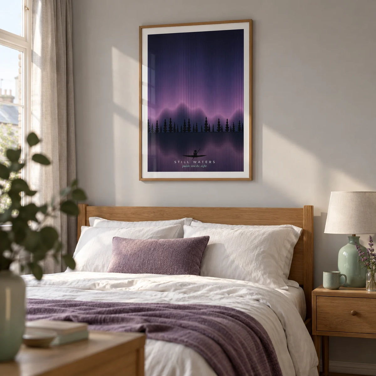 Lake Wall Art, framed on the wall of a calm adult bedroom in a UK terraced house with a pale grey wall