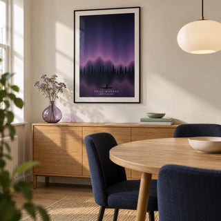 Lake Wall Art, framed on the wall of a compact modern dining room in a UK first home with a warm white wall