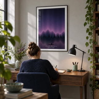 Lake Wall Art, framed on the wall of a quiet study in a nature lover's UK home with a pale grey wall