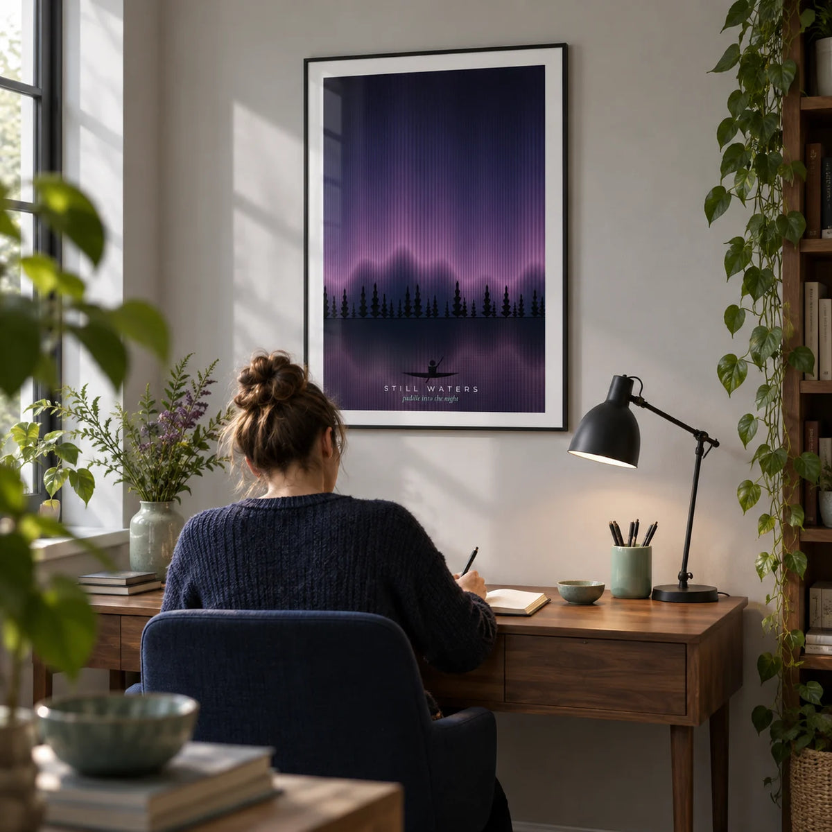 Lake Wall Art, framed on the wall of a quiet study in a nature lover's UK home with a pale grey wall