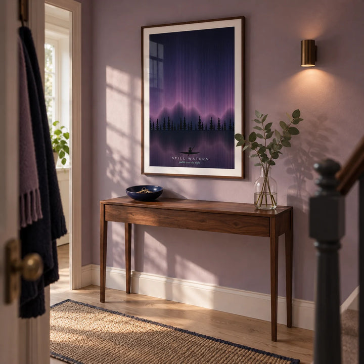 Lake Wall Art, framed on the wall of a welcoming hallway in a UK maisonette with a muted lilac wall and pale wood floor