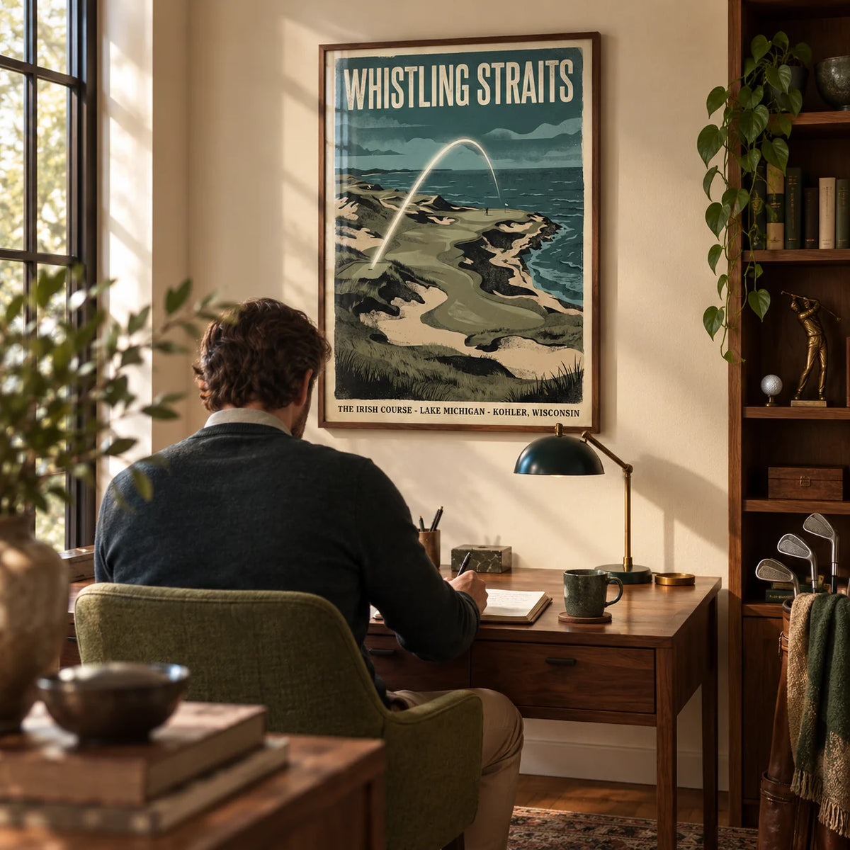 Lakeside Links Golf Poster, framed on the wall of a characterful home study for a golf enthusiast with a warm cream wall and walnut furniture