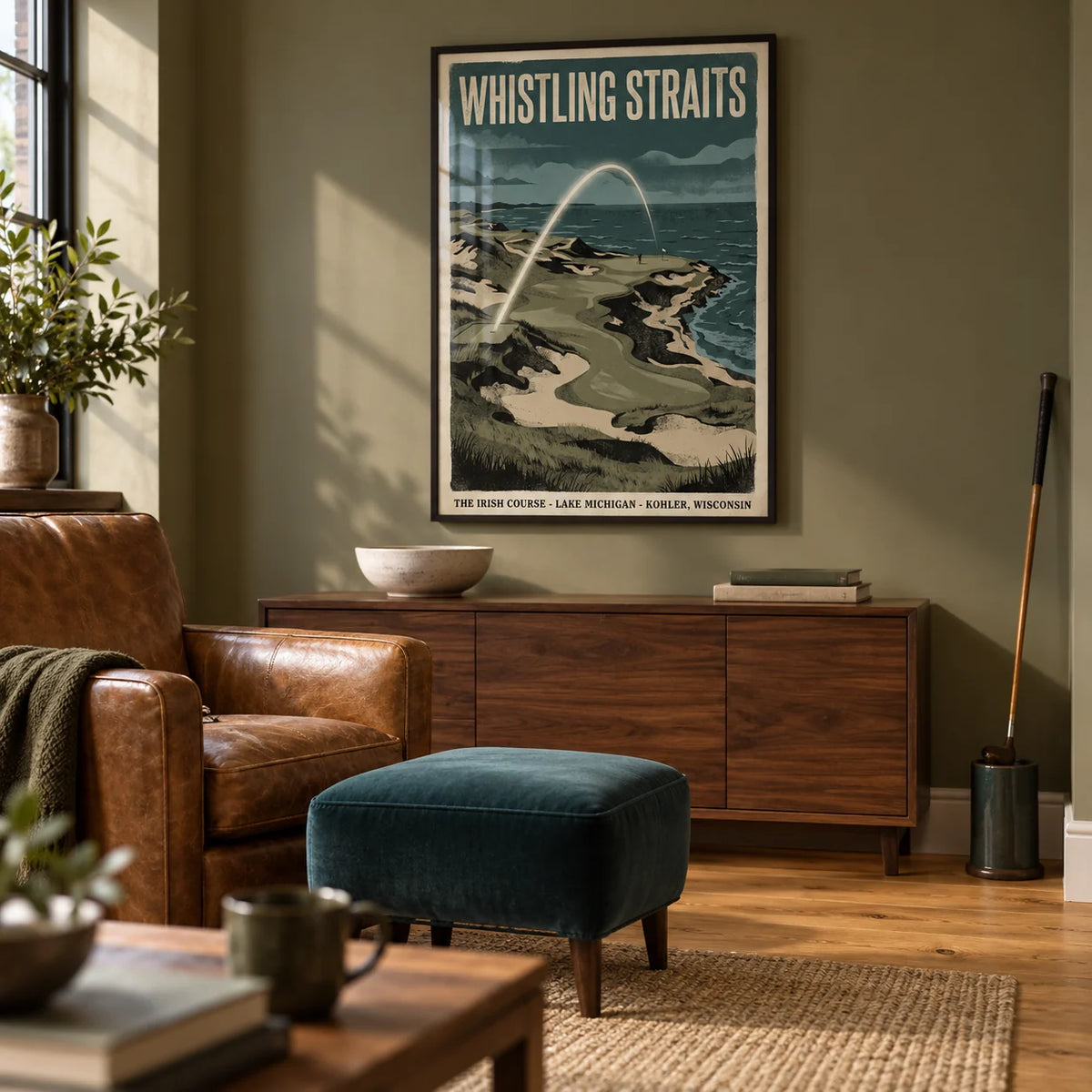 Lakeside Links Golf Poster, framed on the wall of a relaxed golf-themed snug in a UK family home with a muted olive wall and warm oak flooring in a living room