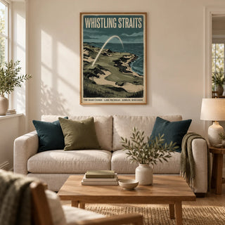 Lakeside Links Golf Poster, framed on the wall of a warm coastal living room in a UK semi-detached home with cream plaster walls and oak floorboards
