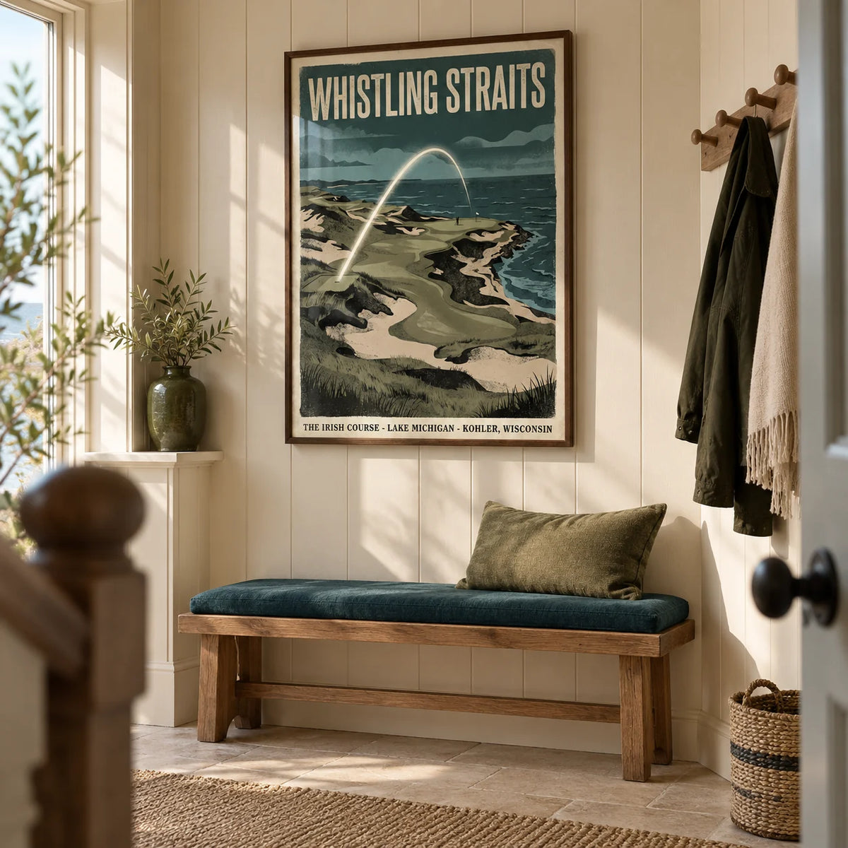 Lakeside Links Golf Poster, framed on the wall of a welcoming hallway in a British coastal home with cream painted tongue-and-groove panelling and a pale stone floor