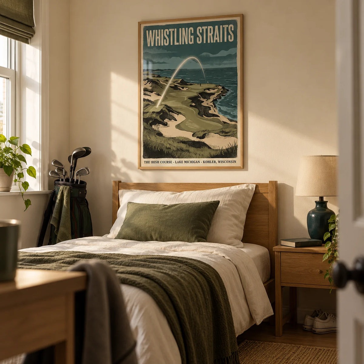 Lakeside Links Golf Poster, framed on the wall of a young adult golfer's single bedroom (18-25) in a UK terraced home with warm cream walls