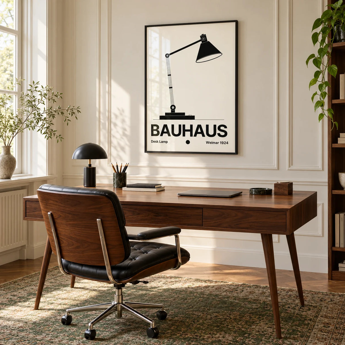 Lamp Poster, framed on the wall of a calm home office with cream panelled walls and a vintage green rug