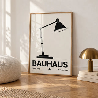 Lamp Poster, framed on the wall of a calm white room with a white skirting board and herringbone oak parquet