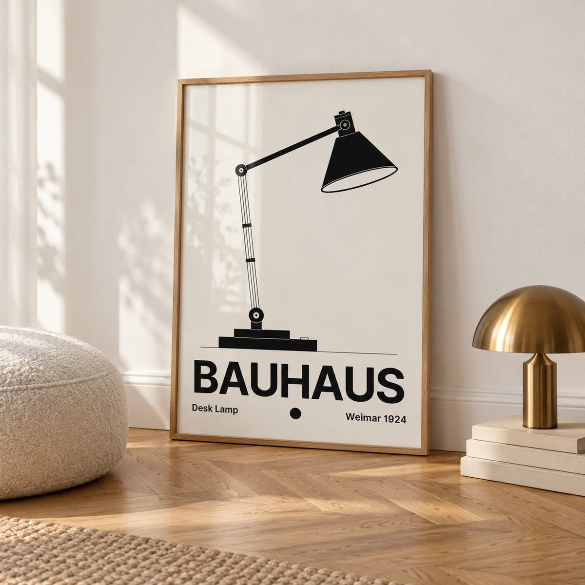 Lamp Poster, framed on the wall of a calm white room with a white skirting board and herringbone oak parquet