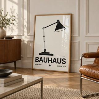 Lamp Poster, framed on the wall of an elegant room with white panelled walls with classic mouldings and a herringbone oak floor in soft side light