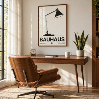 Lamp Poster, framed on the wall of a mid-century study by a tall window with a sheer curtain